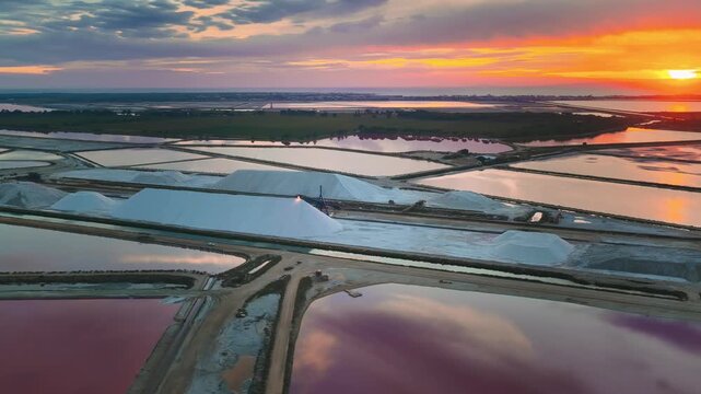 Aerial view of the vibrant pink salt evaporation ponds reflecting the colorful sunset sky, contrasting against the white salt piles, Aigues-Mortes, Occitanie, France.