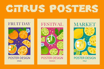 Citrus Fruit Posters and Prints Set. Hand-drawn Oranges, Lemons and Limes