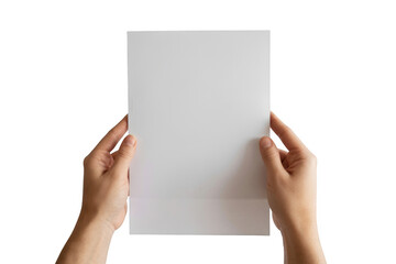 Hands holding blank white paper isolated on transparent background
