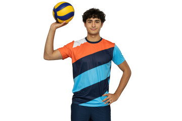 Young man holding a volleyball isolated on transparent background