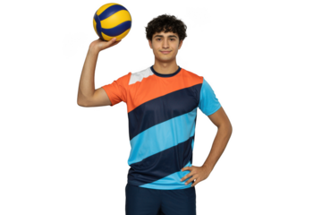 Young man holding a volleyball isolated on transparent background