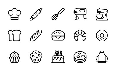 Baking and Pastry Icons Chef Hat, Mixer, Bread, Cake, and More