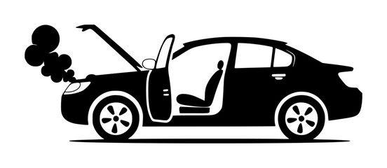 Fototapeta premium Black Silhouette of a Broken Down Car with Smoke and Open Door