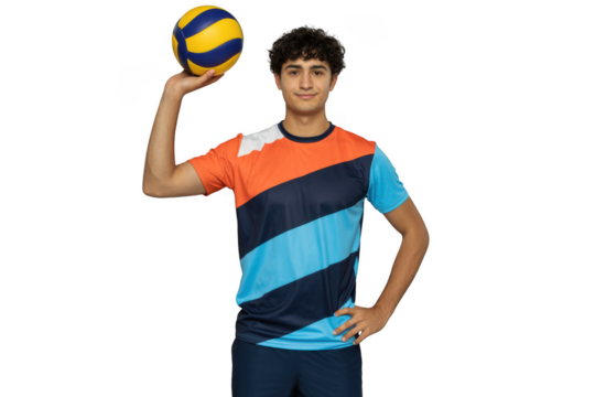 Young man holding a volleyball isolated on transparent background