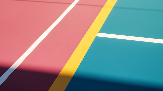 Abstract court art: A vibrant fusion of pink, blue, and yellow hues divided by crisp white lines create a captivating minimalist composition. Perfect for adding a pop of color.