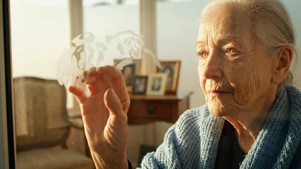 Close-Up of Elderly Woman with Light Blue Cardigan Contemplating by Window with Etched Design Against Warm Interior Lighting