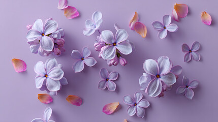 Fototapeta premium Delicate purple lilac flowers and petals scattered across a matching surface, creating an elegant floral arrangement. The light evokes a sense of freshness and serenity.