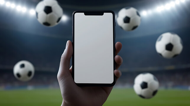 Mobile tech meets soccer vibes! Blank screen holds your content center-stage against a backdrop of flying soccer balls. Ideal for game updates or sports apps.