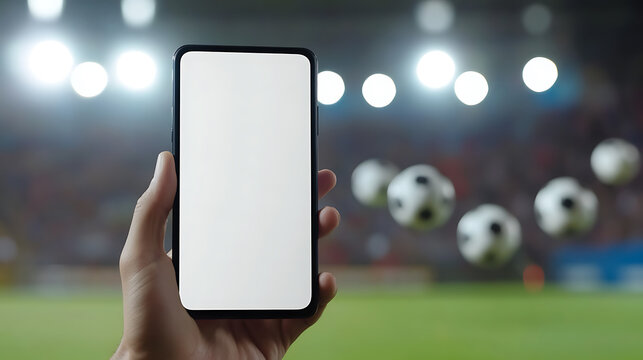 Hand holding a smartphone at a soccer stadium with a blank screen. Ideal for sports apps, streaming services, or betting platforms. Perfect for engaging fans & promotions!