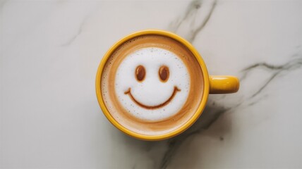 A top view of a yellow mug of coffee with a smiley face on the foam on a marble surface