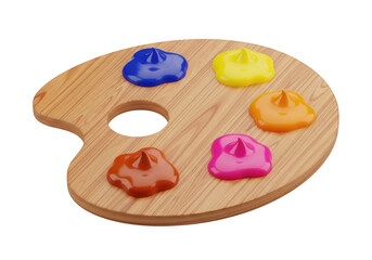 Artists wooden paint palette with colorful blobs of paint isolated on transparent background