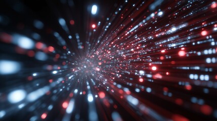 Abstract cyber tunnel made of cascading digital code where a radiant shield blocks streams of red intrusions, highlighting data protection, layered network defense, encrypted firewalls, and the