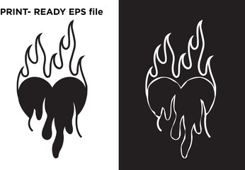 Melting flaming heart vector design, presented in solid black and white outlines, conveying passionate love, burning desire, edgy romance, and graphic motifs for print