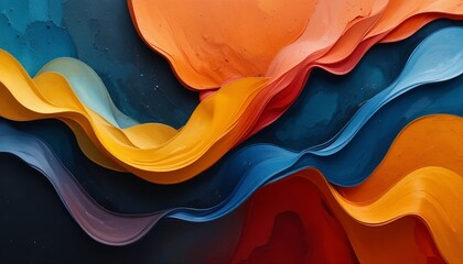 Vibrant abstract waves of colorful paint blending in fluid motion, showcasing orange, yellow, blue, and red layers with dynamic texture and artistic energy