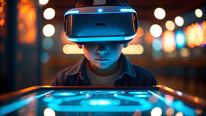 Young person wearing virtual reality headset immersed in digital world with glowing lights
