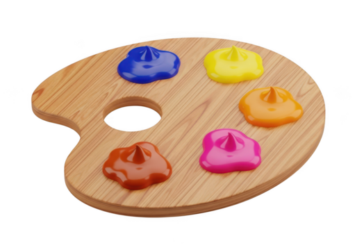 Artists wooden paint palette with colorful blobs of paint isolated on transparent background