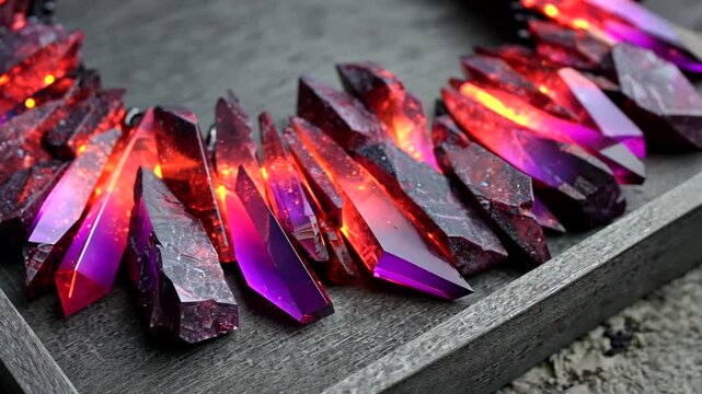 Close-up of Vibrant Red and Purple Crystals with Reflective Surface Showcase
