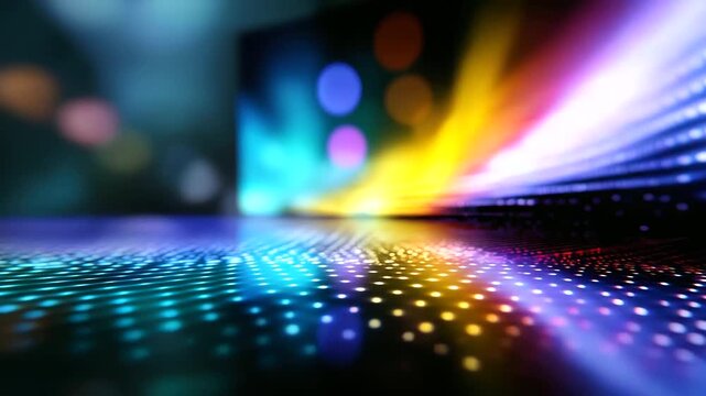 Defocused digital artist with sharp focused screen displaying vivid rainbow pixel gradient animation in motion, with copy space