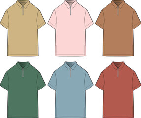 Set of colorful short sleeve polo shirts with zipper closure. Vector fashion flat sketch templates for apparel design and casual menswear mock-ups © Nusrat