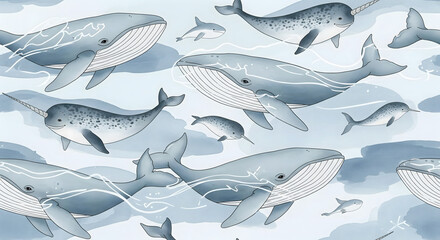 Whimsical Blue Whale and Narwhal Aquatic Scene, Cartoon Underwater World Featuring Whales and Narwhals Swimming in Blue Depths