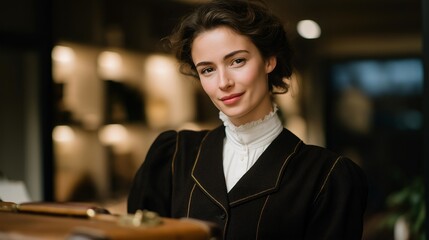 Fototapeta premium Female butler showing subtle sadness while packing suitcase of departing client, emotion of attachment and quiet professionalism balanced, symbolizing human connection beneath luxury service