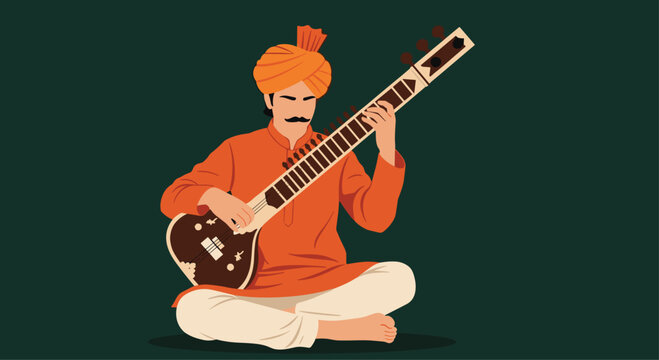 Traditional Indian musician playing sitar with passion wearing vibrant turban and kurta, perfect for cultural events or world music promotions