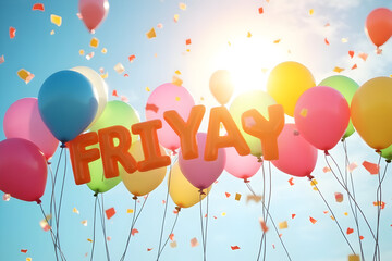 Happy Friday text with colorful balloons and sunlight sky
