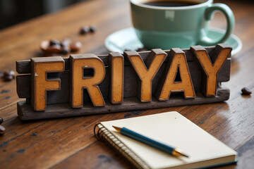 Happy Friday wooden text on coffee table with notebook