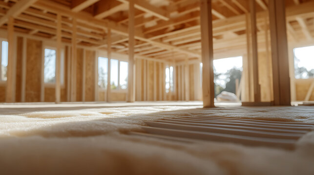 Wooden framework for a new house being constructed. The walls are framed out, and the floor is covered with installation, ready for drywall. Natural light is seen through windows.