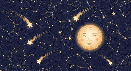 Smiling Moon and Celestial Constellations in a Dreamy Night Sky, Whimsical Night Sky Pattern with Moon, Constellations, and Shooting Stars
