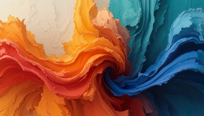 Vibrant abstract waves of colorful paint blending in fluid motion, showcasing orange, yellow, blue, and red layers with dynamic texture and artistic energy