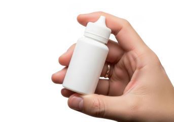 Hand holding a small white dropper bottle with a white cap isolated on transparent background