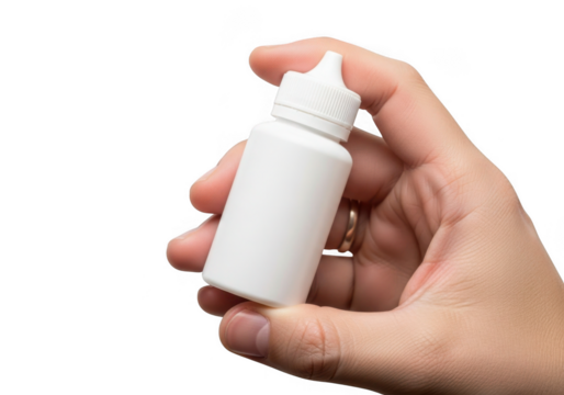 Hand holding a small white dropper bottle with a white cap isolated on transparent background