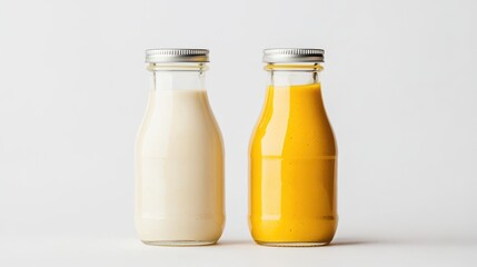 Two Glass Bottles of White Milk and Yellow Sauce on Light Background for Food and Beverage Composition, Nutrition, and Culinary Themes