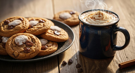 Cookie and coffee drink on a wooden table