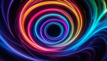 Vibrant neon light waves in a futuristic vortex design, blending glowing rainbow colors that create a dynamic, modern, and mesmerizing digital abstract background