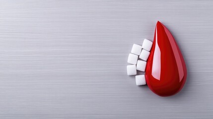 A vibrant red drop shape filled with sugar cubes rests on a textured grey wooden surface, inviting creativity and interpretation
