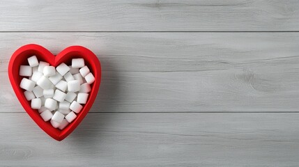 A vibrant red heart-shaped container holds white sugar cubes on a rustic grey wooden surface, inviting sweetness and charm to any setting