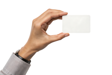 Hand holding a blank white rectangular card, with rounded corners, cutout, PNG isolated on transparent background