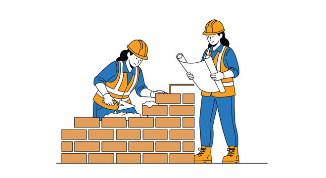 Empowered women builders constructing brick wall with architectural plans, showcasing teamwork and expertise in the construction industry