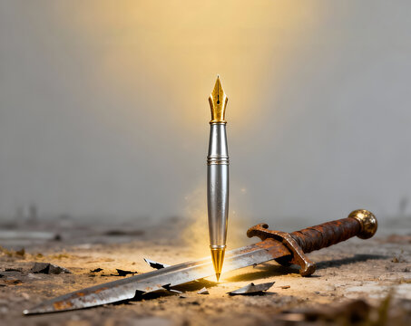 Conceptual image of the saying Pen is mightier than the sword
