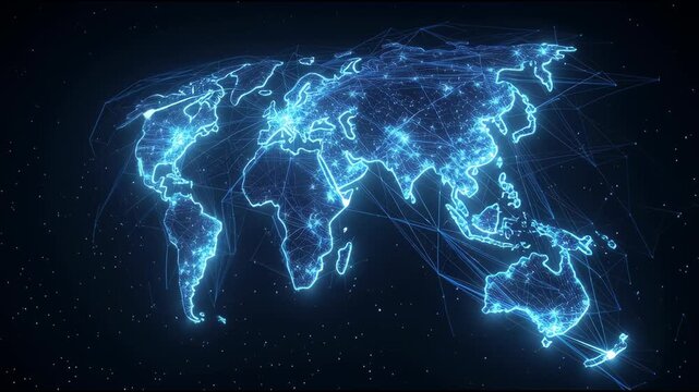 Global Network: A striking visualization of the world map illuminated by interconnected points of light, symbolizing the dynamic flow of data, ideas, and connectivity across the globe. 