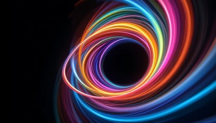Vibrant neon light waves in a futuristic vortex design, blending glowing rainbow colors that create a dynamic, modern, and mesmerizing digital abstract background