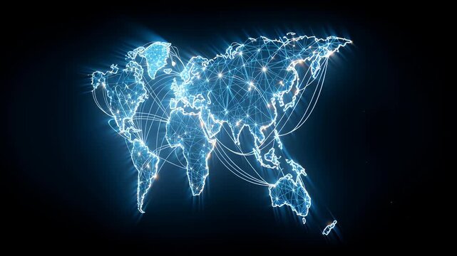 Global Network: A futuristic representation of the world map illuminated with interconnected lines and nodes, symbolizing the global network and interconnectedness of communication and data. 