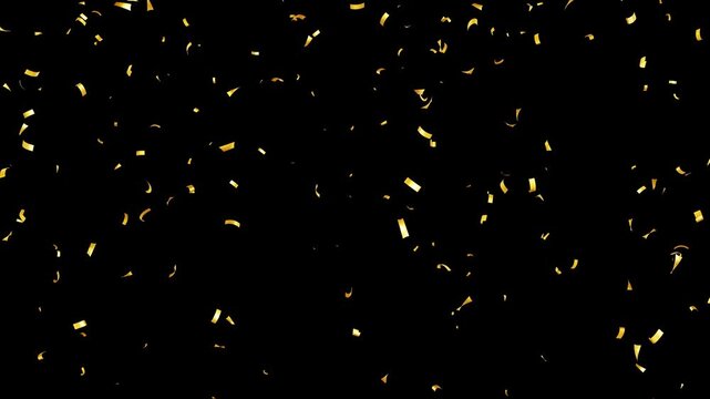 4K Shiny Metallic Gold Confetti Falling Seamless Looping Video on Black Background with glittering festive particles. real gold confetti rain isolated for festive holiday celebrations