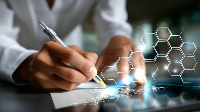 Anonymous artist's hands drawing outline with blurred figure and crystal clear hexagonal bee pattern visible, with copy space