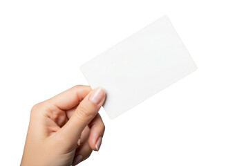 Hand holding a blank white business card for branding or identification purposes isolated on transparent background