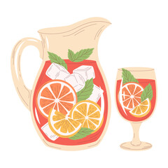 Fresh spanish Sangria vector illustration. Hand drawn flat style design, cocktail in glass and jug with red wine, citrus slices, orange and lemon, mint leaves, ice. For summer bar menu, party