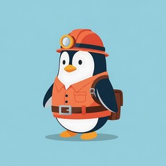 An adorable cartoon penguin, wearing an orange hard hat with a lamp, a vest, a belt, and a backpack, against a light blue backdrop