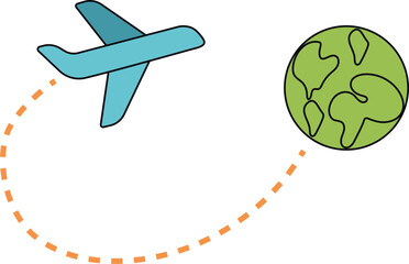 Airplane Flying Around Earth Globe with Dotted Travel Route Line Flat Icon